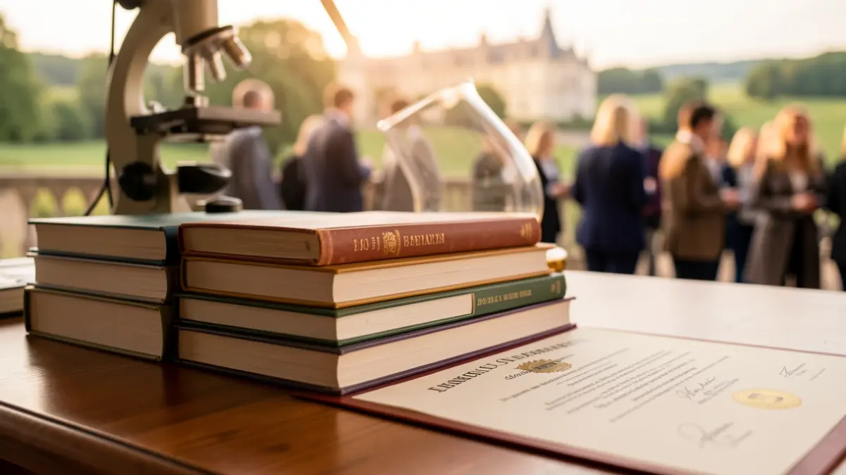 Generic image of academic books and a diploma on a desk.