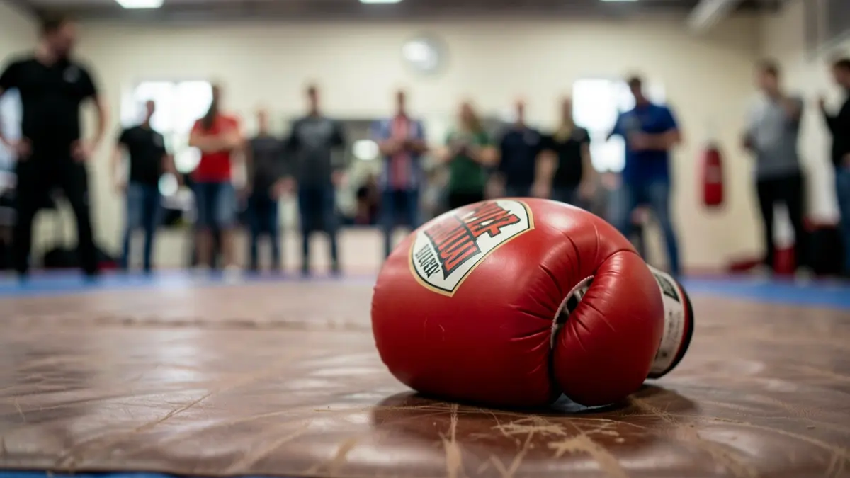 Muay Thai boxing glove on a training mat.