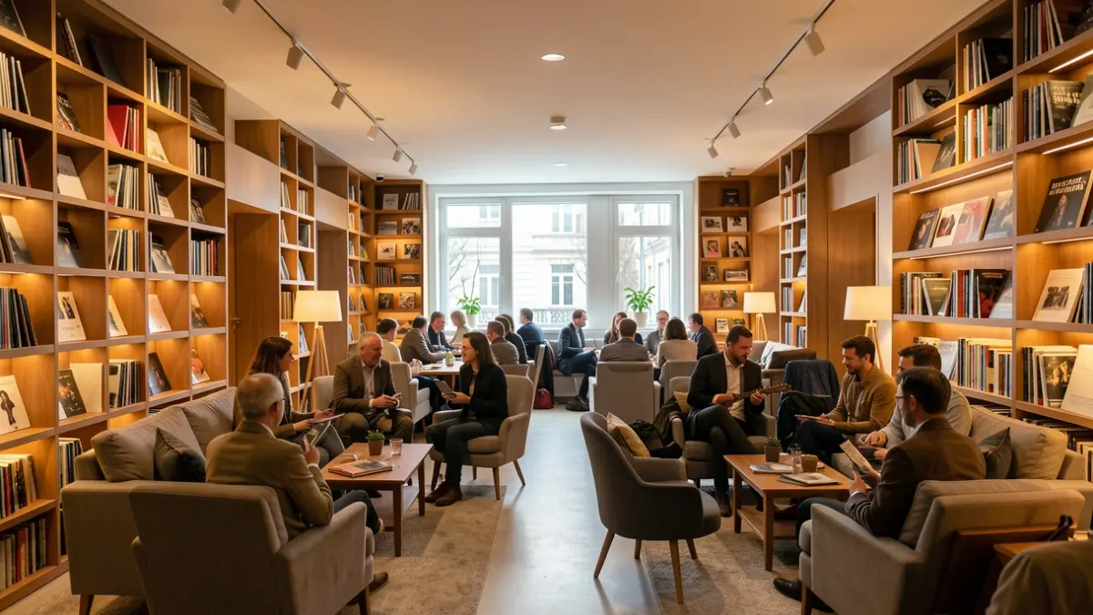Espace intérieur d'une médiathèque moderne aménagé pour un événement musical convivial, avec des sièges confortables et des étagères remplies d'articles liés à la musique.