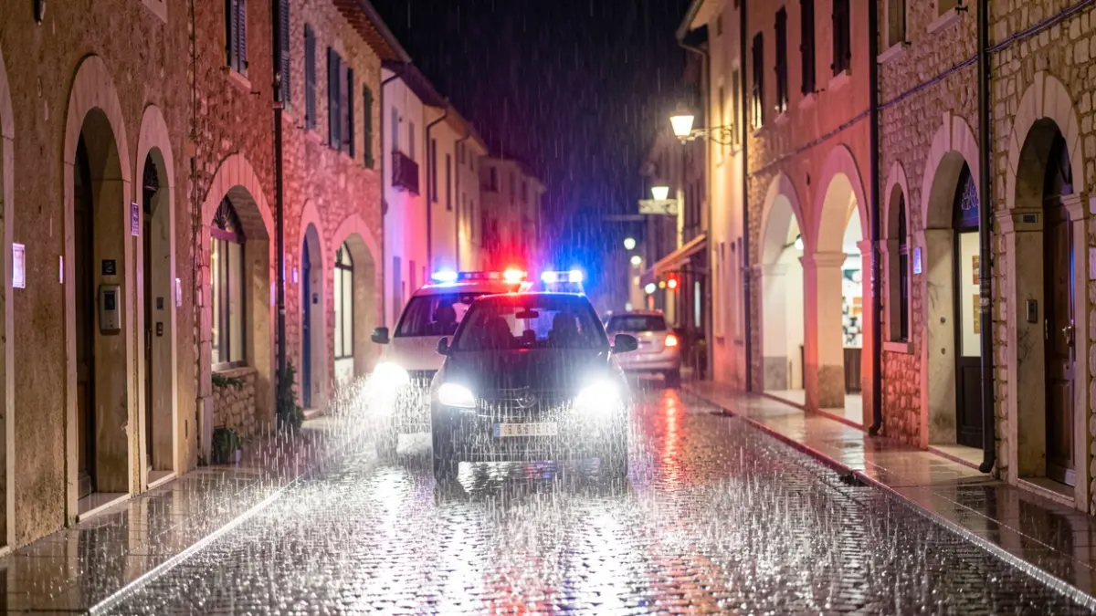 Generic image of heavy rain and emergency lights on a street in Aigues-Mortes.