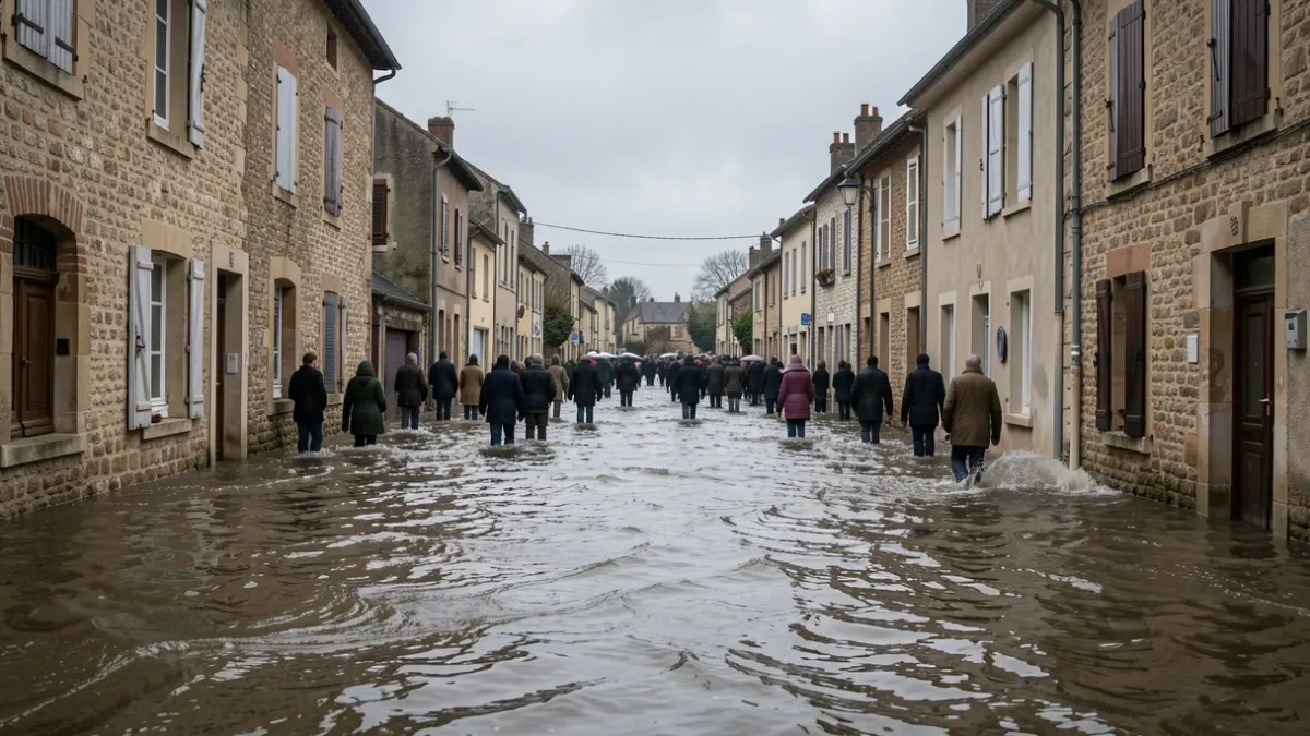 Image générique d'une rue inondée dans un village français.