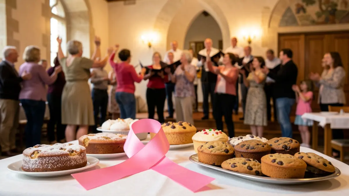Generic image of the fight against breast cancer with cake sale and dance demonstration.