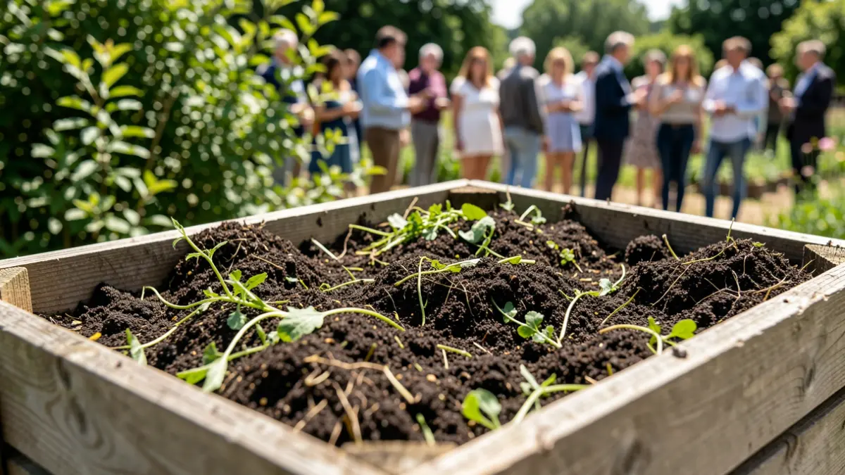 Compost bin filled with organic matter in a sunny garden in Occitanie.