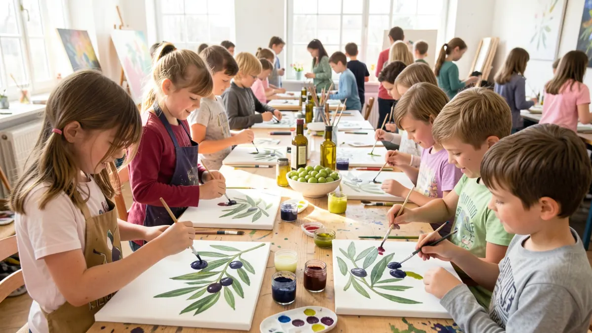 Des enfants peignant des olives dans un atelier d'art.