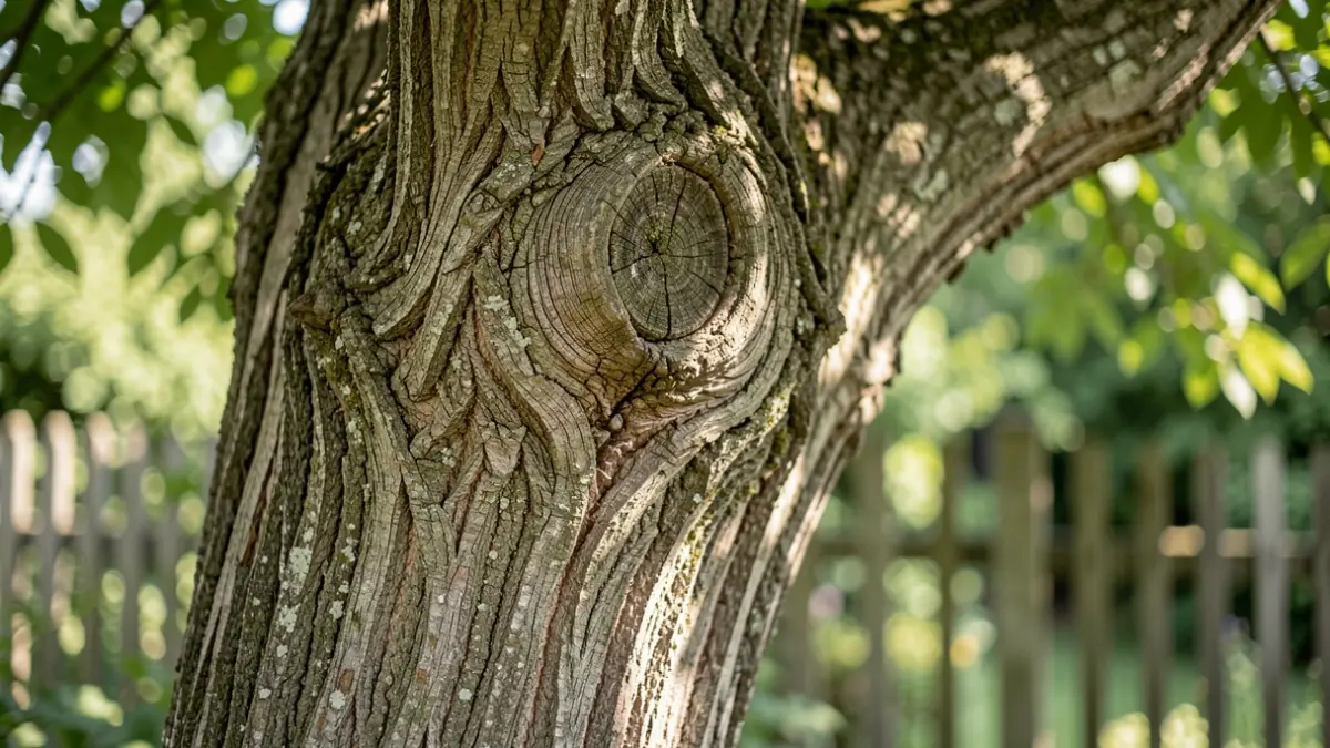 Gros plan sur le tronc noueux d'un vieil arbre dans un jardin, avec la lumière du soleil filtrant à travers les feuilles.