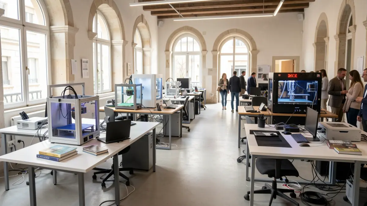 Interior of a digital hub with workstations and digital fabrication equipment.