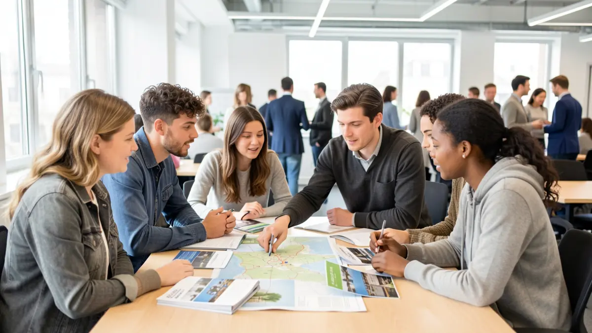 Des jeunes adultes discutent autour d'une table remplie de brochures et d'une carte, dans un bureau lumineux.