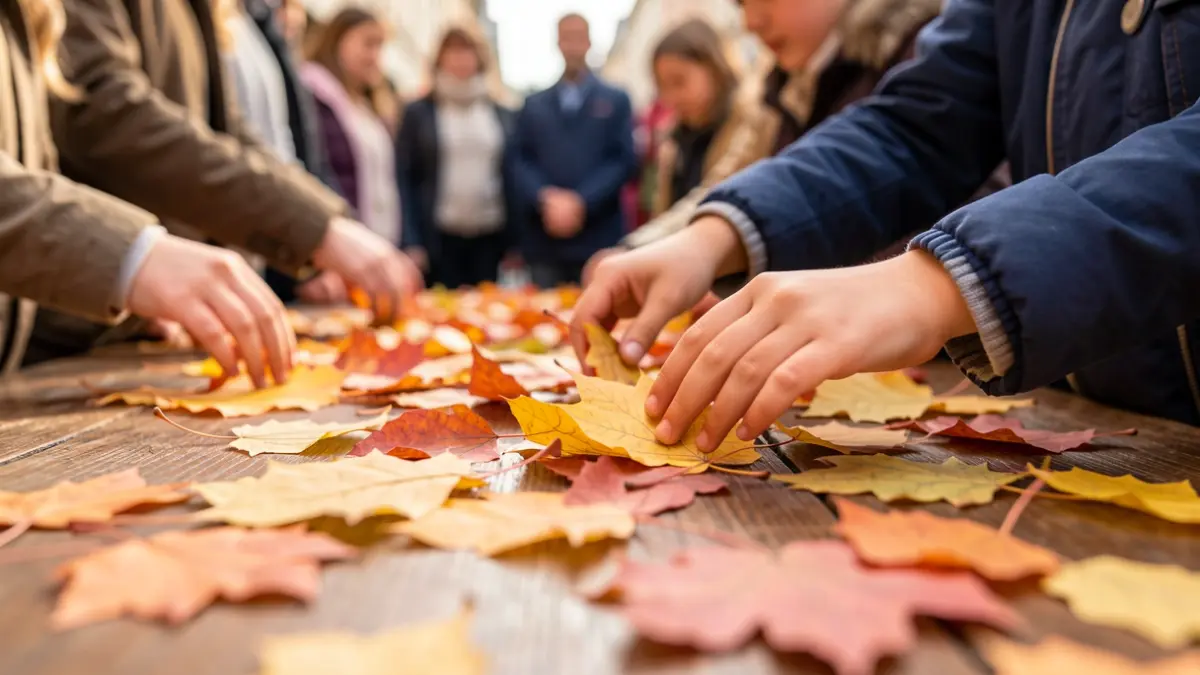 Colorful autumn leaves on a wooden table, with blurred children's hands in the background.