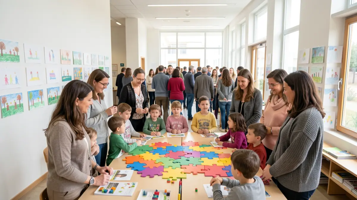 Parents et enfants participant à un atelier sur l'usage des écrans et le harcèlement scolaire dans une école.
