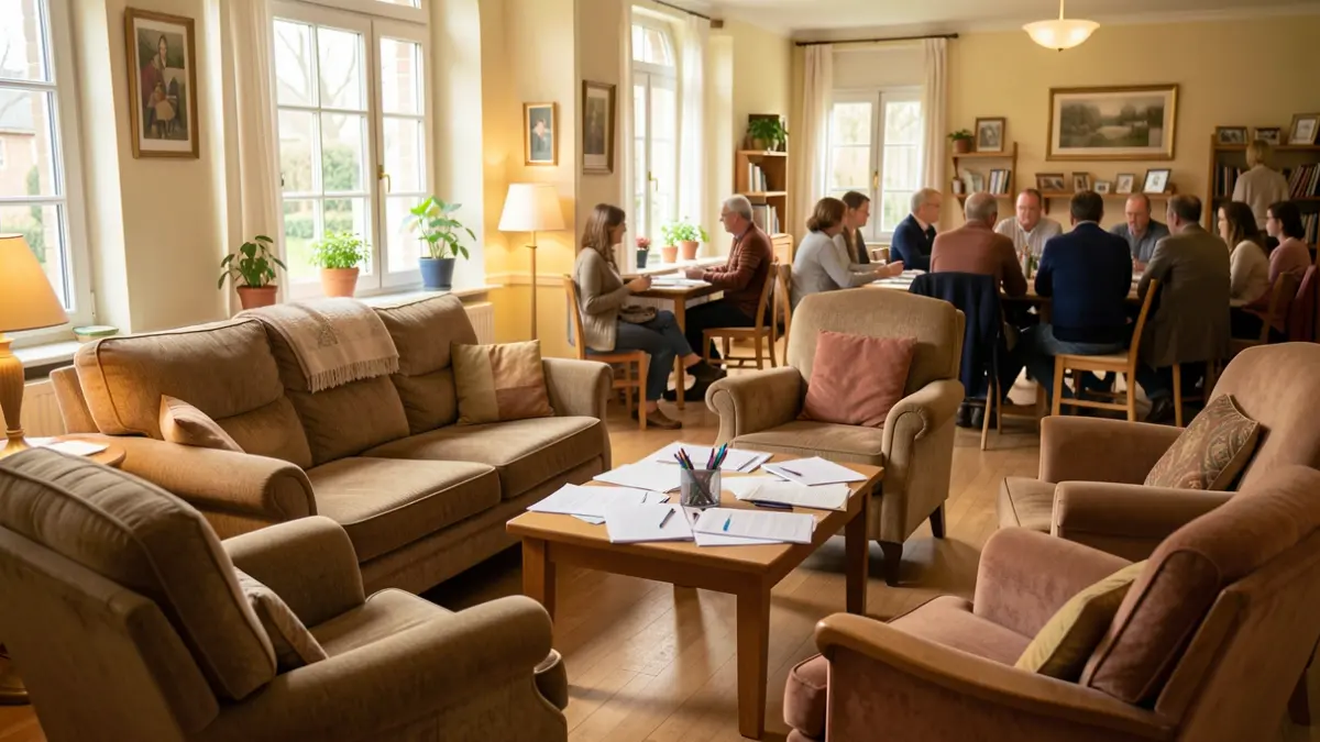Welcoming workshop room in a community center, soft natural light, supportive atmosphere.