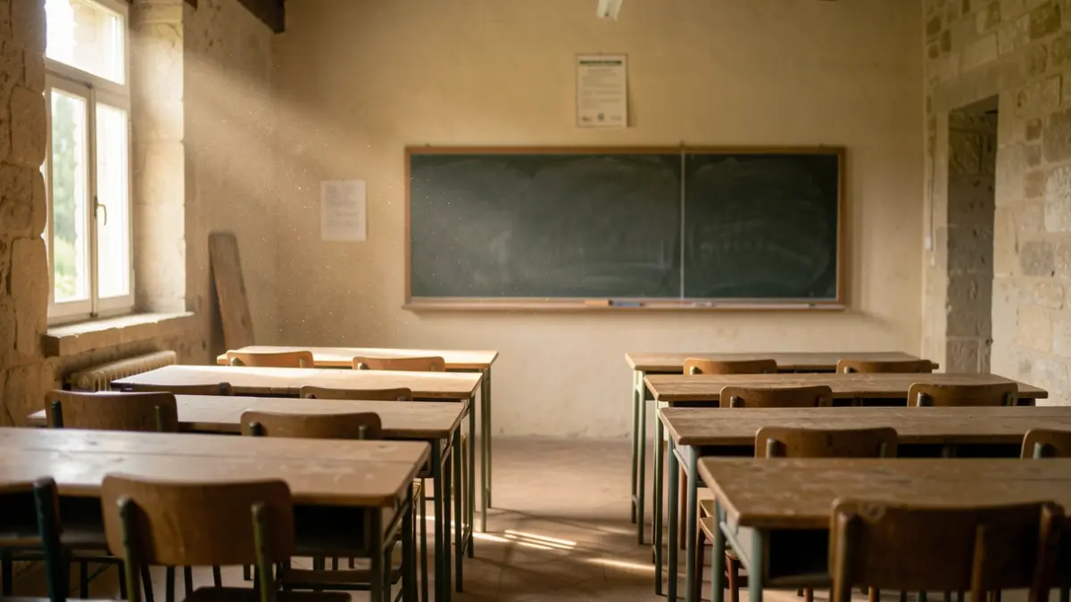 Classe vide dans une école rurale du Tarn-et-Garonne, avec des pupitres face à un tableau noir. La lumière du soleil traverse la fenêtre, illuminant des particules de poussière.