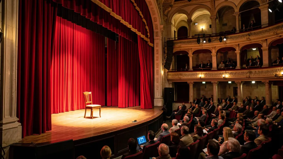 Empty theatre stage with red curtains open and a spotlight on a chair.
