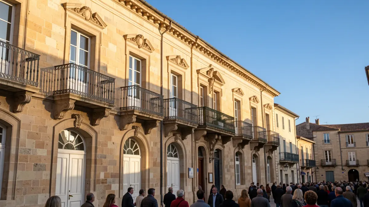 Façade en pierre d'un hôtel de ville en Occitanie, avec balcon orné et balustrade en fer forgé, sous le soleil d'après-midi.