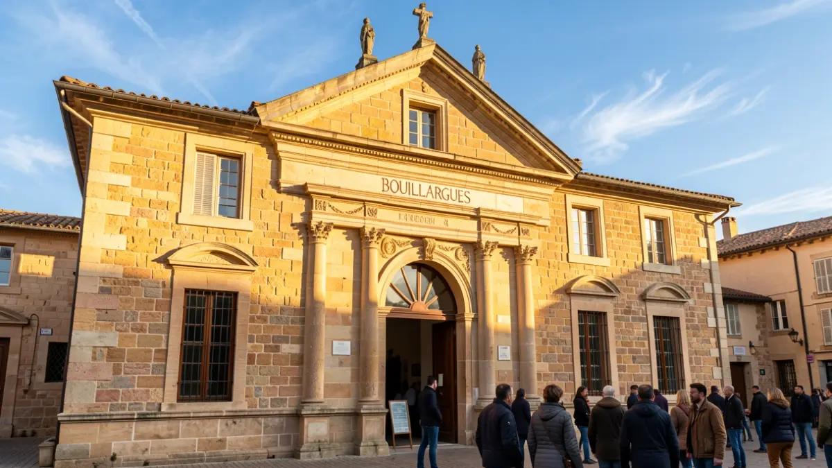 Façade de la mairie de Bouillargues, un bâtiment à l'architecture traditionnelle du Sud, baigné par la lumière chaude de l'après-midi.
