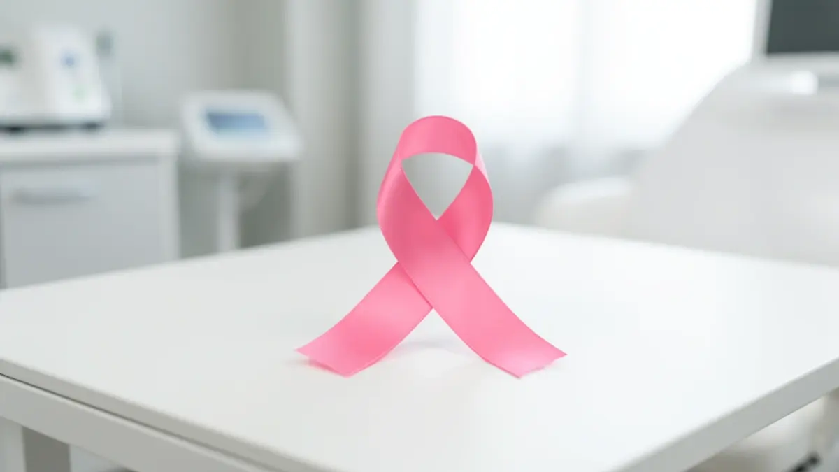 Pink ribbon symbol on a medical examination table.