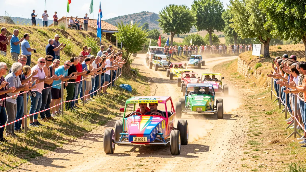 Soapbox derby race in Caissargues with colorful cars and cheerful spectators.