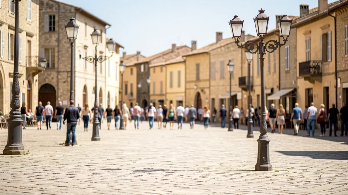 Stone public square in Carcassonne, with wrought iron streetlamps and blurred building facades.