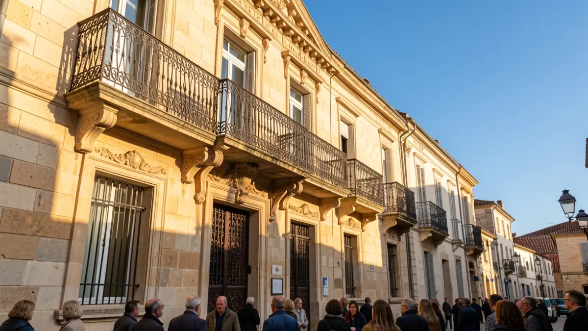 Stone facade of an Occitanie town hall with ornate balcony and iron railings, warm afternoon sunlight casting shadows on the sandstone walls, blue sky.