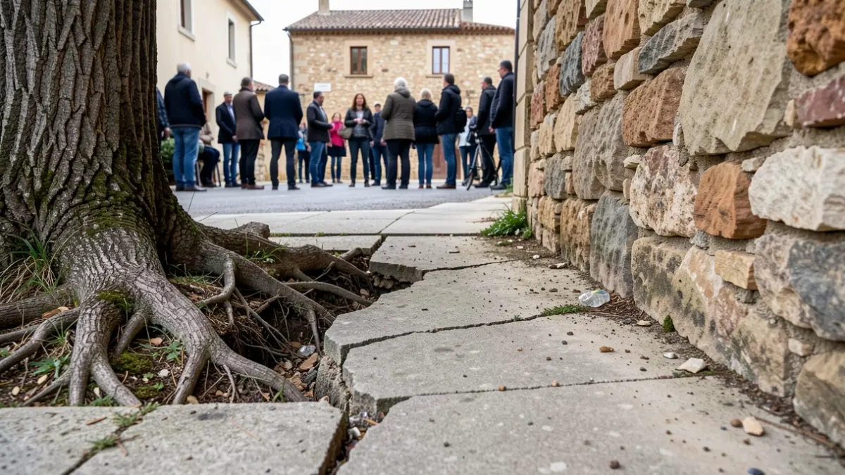 Racines de micocouliers fissurant un trottoir et un mur à Caveirac.