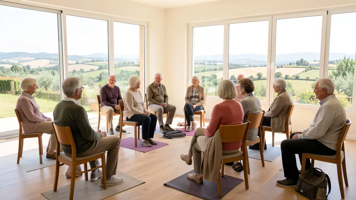 Image générique de seniors pratiquant le yoga sur chaise dans une salle lumineuse en Occitanie.