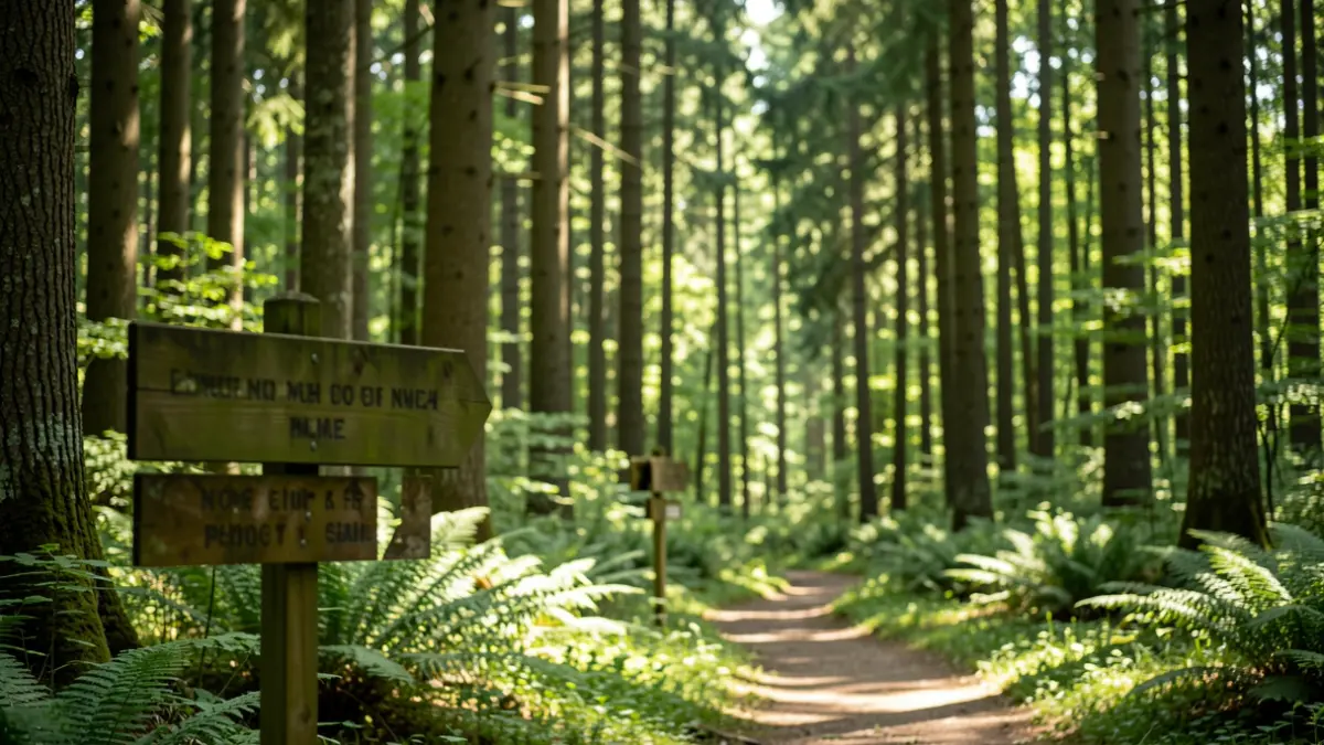 Lush forest with a signpost indicating a path, symbolizing forest management.