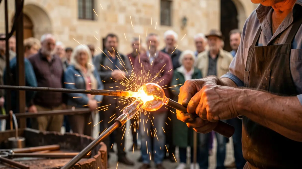 Close-up of a glassblower's hands shaping molten glass with a blowpipe, sparks flying, warm studio lighting, Occitanie region architecture visible blurred in the background.