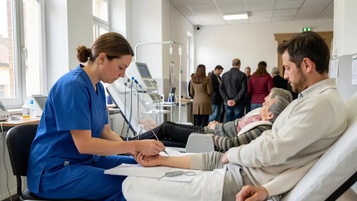 Salle de don du sang dans une mairie de Sorède, avec un professionnel de santé prélevant du sang d'un donneur.