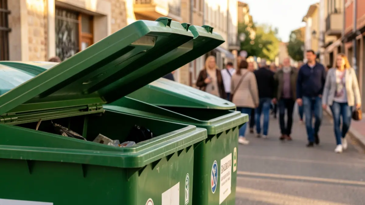Image générique de bacs de déchets verts dans une rue résidentielle.