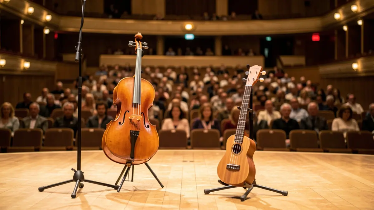 Image générique d'une salle de concert vide avec un violoncelle et un ukulélé sur scène.