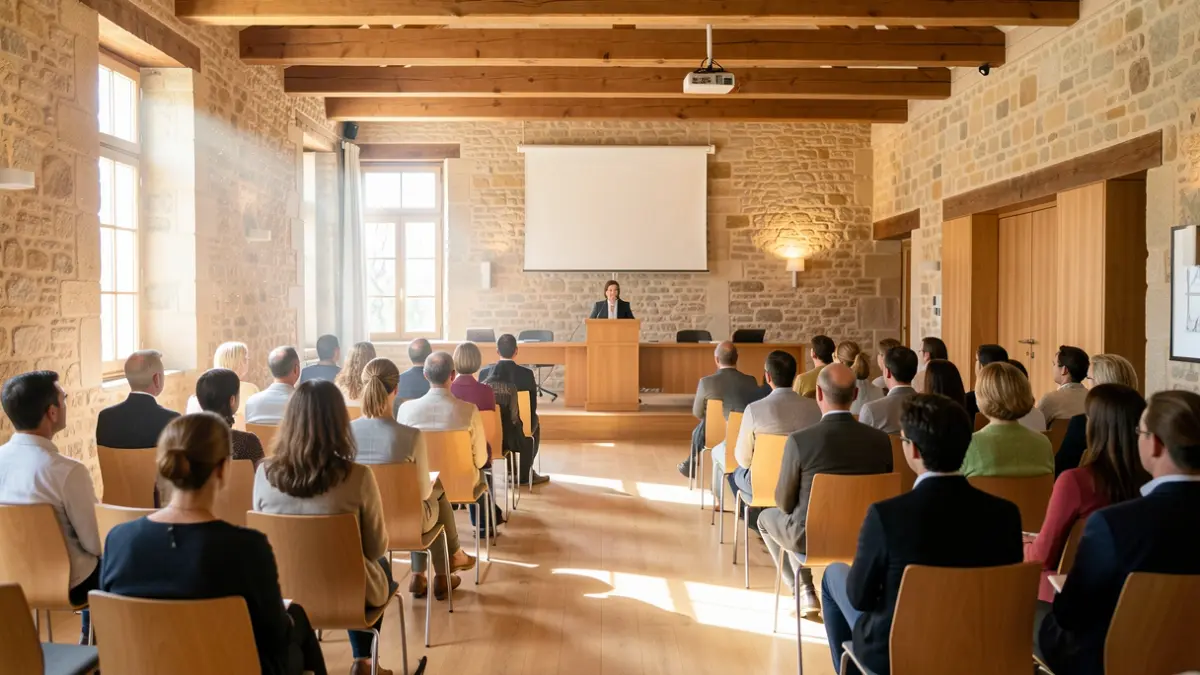 Empty conference room in an Occitanie hospital, natural light.
