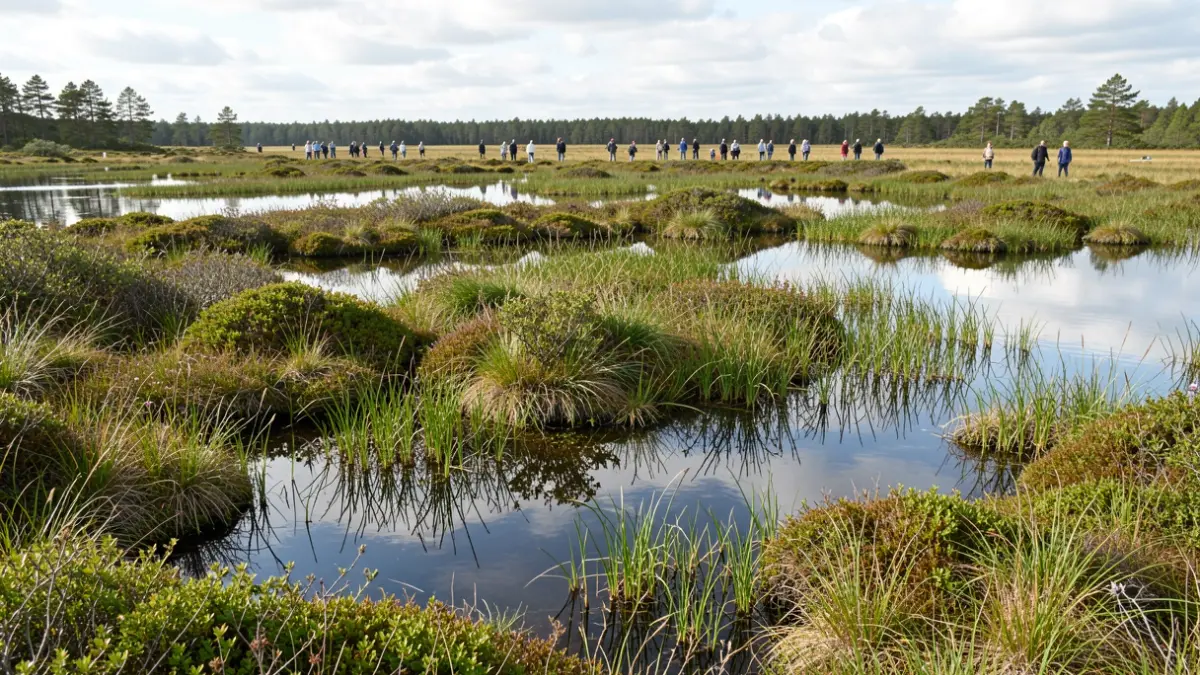 Image générique de zones humides avec une végétation luxuriante et de l'eau calme.