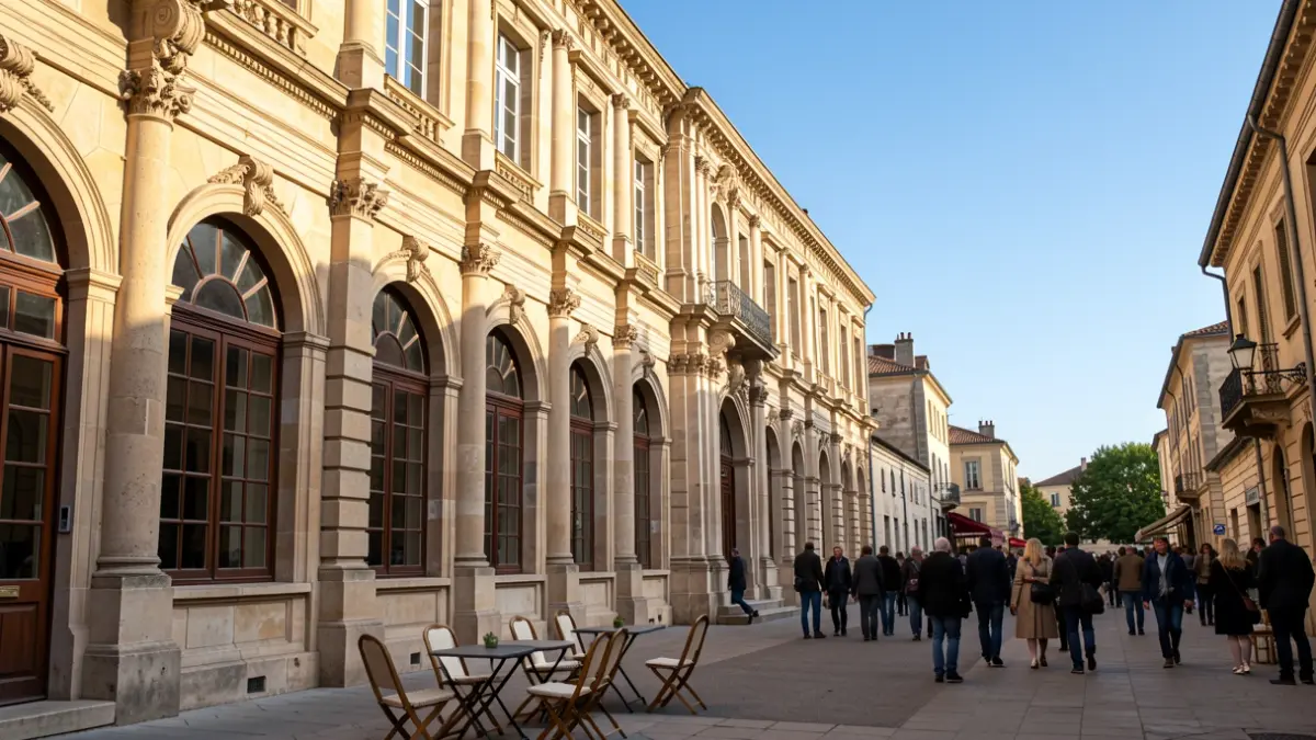 Facade of an institutional building in Southern France, stone architecture, afternoon sunlight.