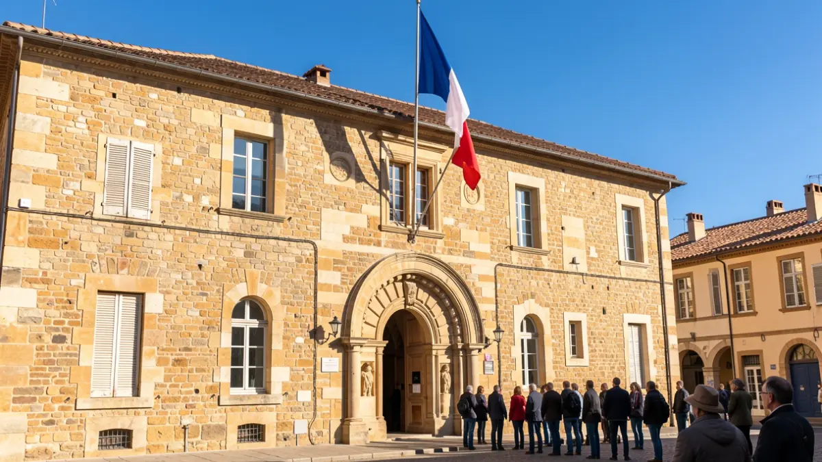 Facade of a French town hall with a French flag.