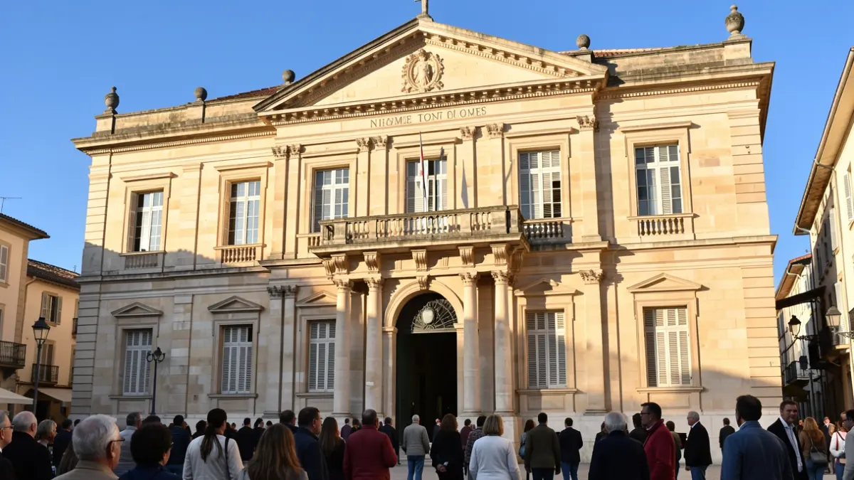 Facade of the Nîmes Town Hall, a historic building with classical architecture and an ornate balcony, under the warm afternoon sun of Occitanie.