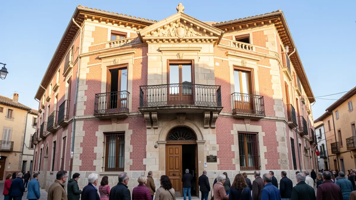 Façade de la mairie de Saint-Just, bâtiment à l'architecture traditionnelle d'Occitanie avec brique rose et pierre, balcon orné et rambardes en fer forgé. Lumière chaude de l'après-midi.