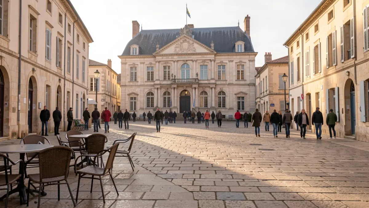 Facade of the town hall of Le Grau-du-Roi and village square during stormy weather.