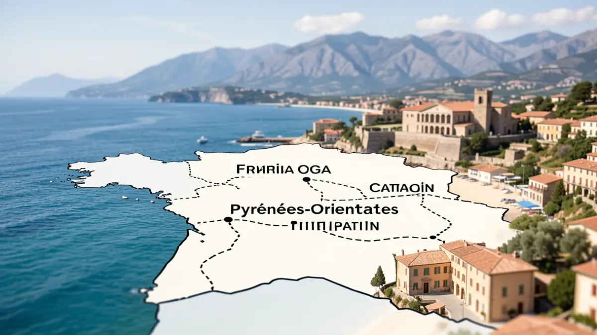 Carte stylisée de la coopération transfrontalière entre les Pyrénées-Orientales et la Catalogne, avec des paysages méditerranéens.