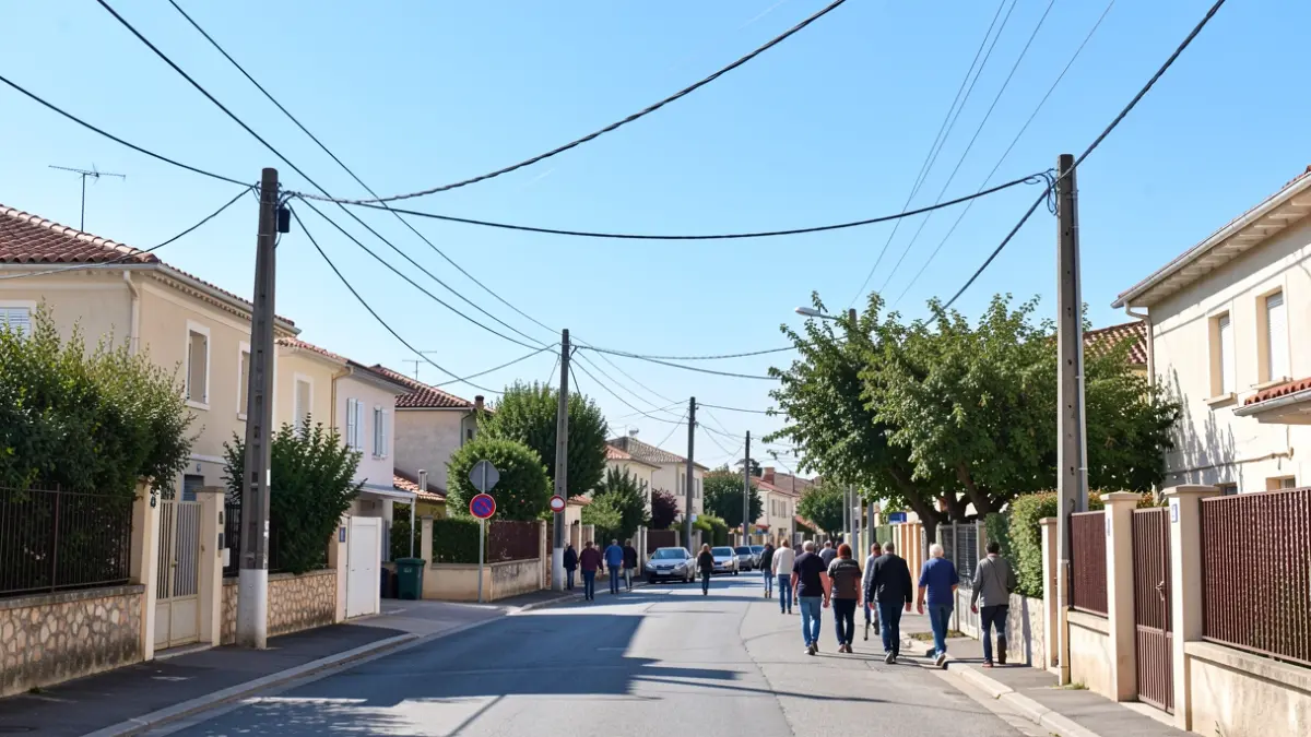 Vue de rue d'une zone résidentielle à Lunel, France, avec des lignes électriques visibles dans un ciel bleu clair. La scène représente les rues spécifiques mentionnées dans l'article, avec des maisons et des arbres. L'accent est mis sur l'infrastructure liée à la distribution d'électricité. Style photographie documentaire.