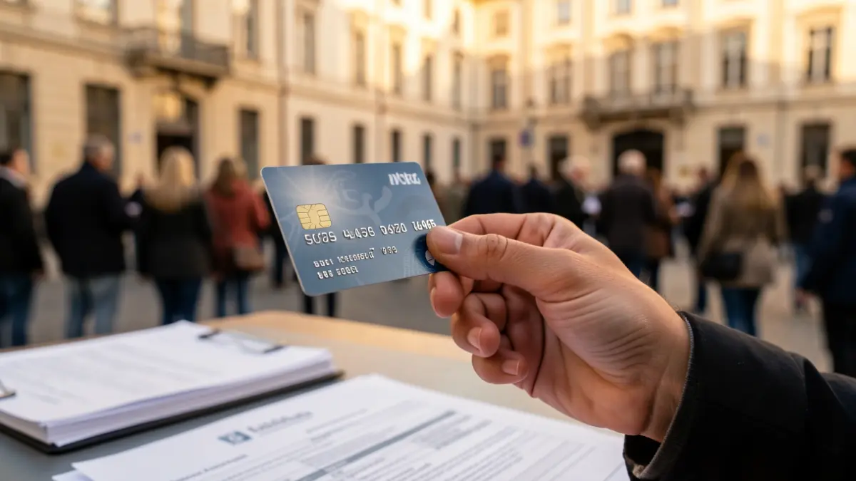 Hand holding a credit card in front of a blurred municipal building.