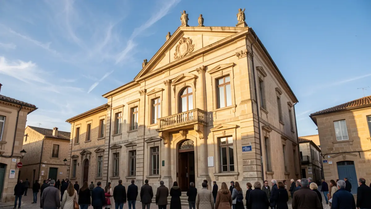 Facade of the Pibrac town hall, Occitanie, in the afternoon sun.