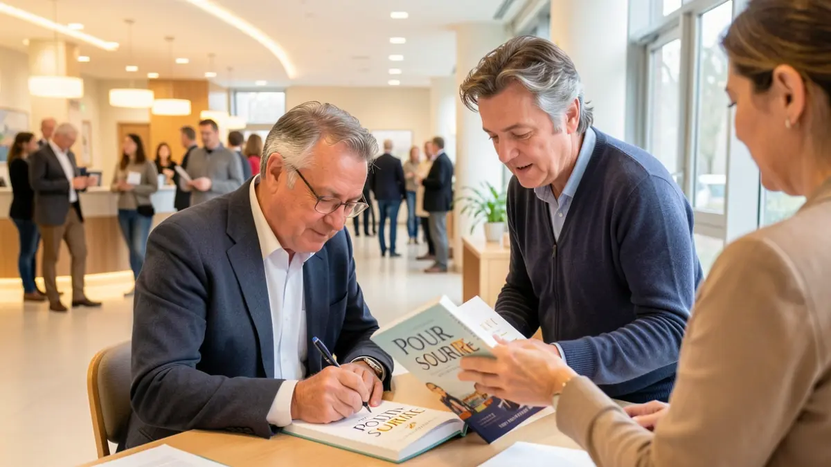 Book signing session for 'Pour son sourire' by Philippe Sudres at Cahors Hospital.