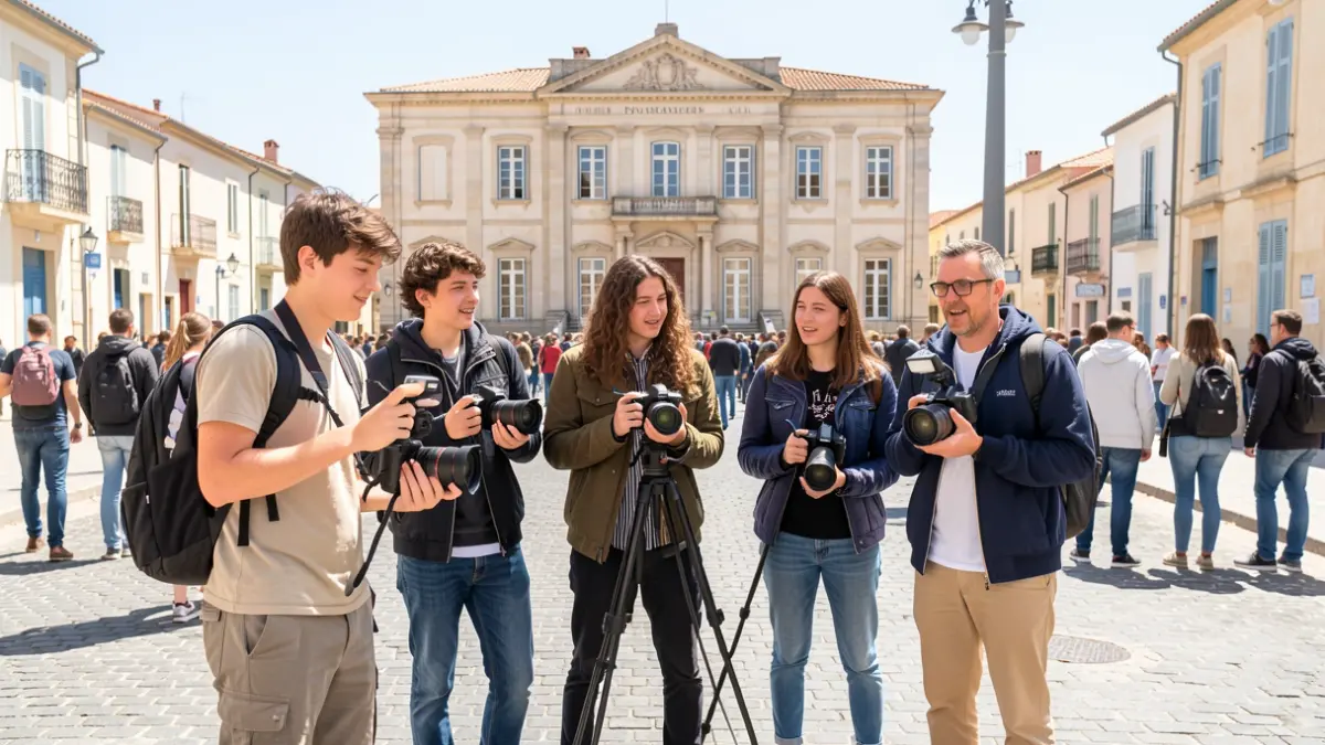Young aspiring filmmakers and a supervisor in front of the Villeneuve-lès-Maguelone town hall, filming the town.