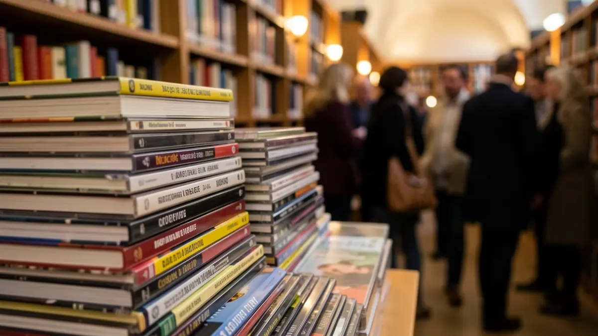 Image générique de livres et CD en médiathèque pour une braderie solidaire.