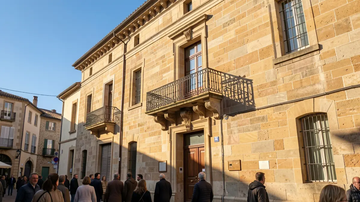 Façade en pierre d'une mairie d'Occitanie avec balcon orné et rambardes en fer forgé, soleil d'après-midi chaud projetant des ombres sur les murs en grès, ciel bleu.