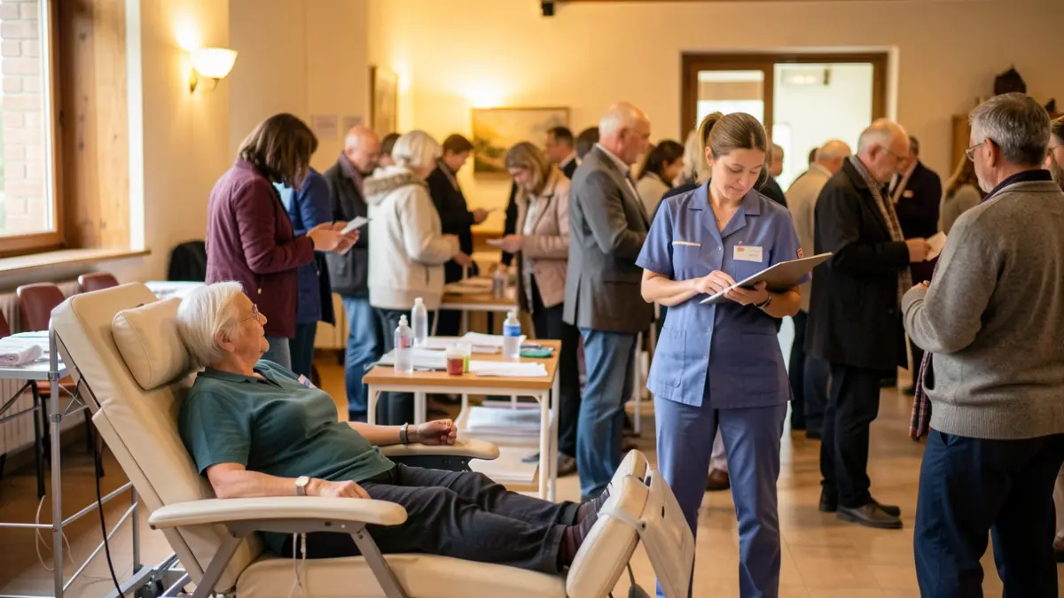 Image générique d'un centre de don du sang dans une salle communale en Occitanie, avec un fauteuil de don et une infirmière en arrière-plan.