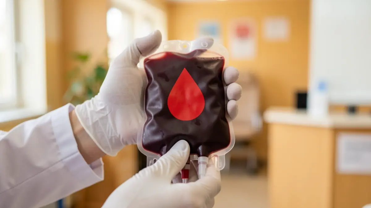 Close-up of a blood bag with a red drop symbol, held by two gloved hands, against a blurred background of a donation center.