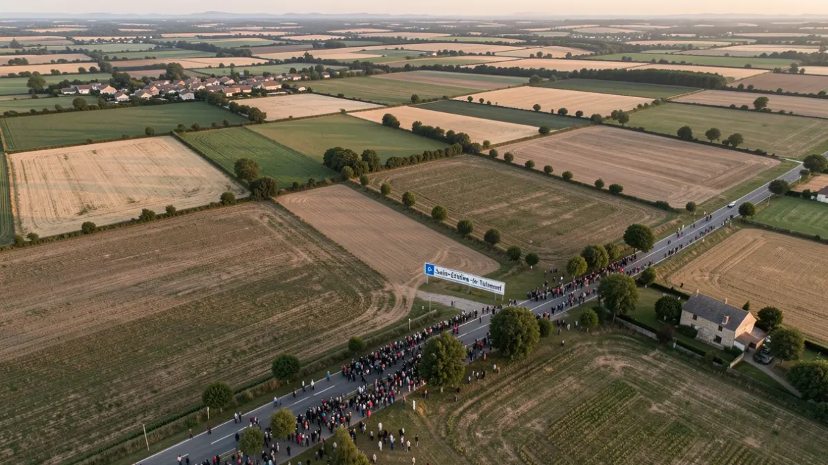 Vue aérienne d'un paysage rural en Occitanie, France, avec des champs agricoles et un village. Une route est visible avec une indication de 'Saint-Étienne-de-Tulmont'.