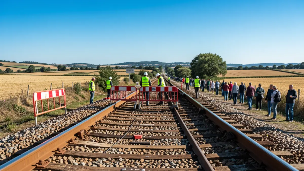 Railway track maintenance in Montgiscard with safety barriers and workers.