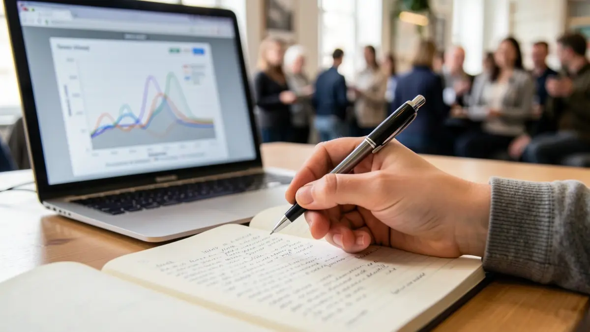 Close-up of a student's hand holding a pen over a notebook, with a blurred computer screen displaying an emotional well-being graph in the background.