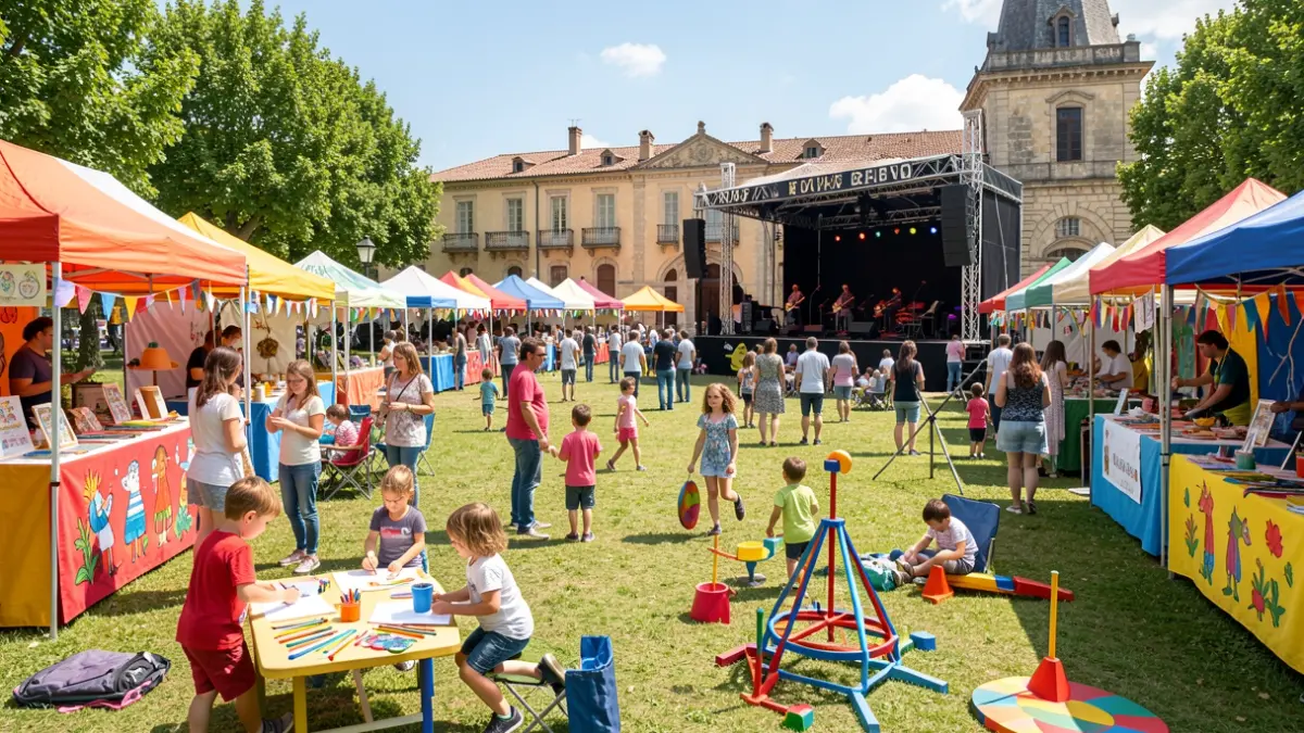 Festive scene of an outdoor family festival in a park, with colorful stalls and activities.